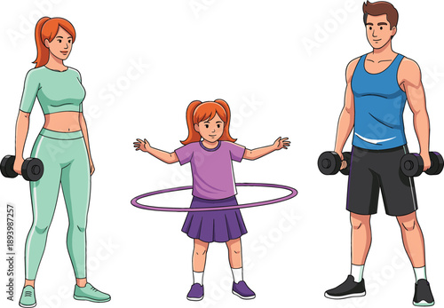 Family fitness vector illustration with man and woman holding dumbbells and young girl with hula hoop wearing athletic clothing for healthy lifestyle and gym workout concept.