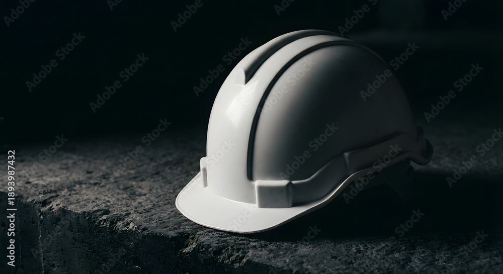 Fototapeta premium White hard hat resting on concrete surface with dark background