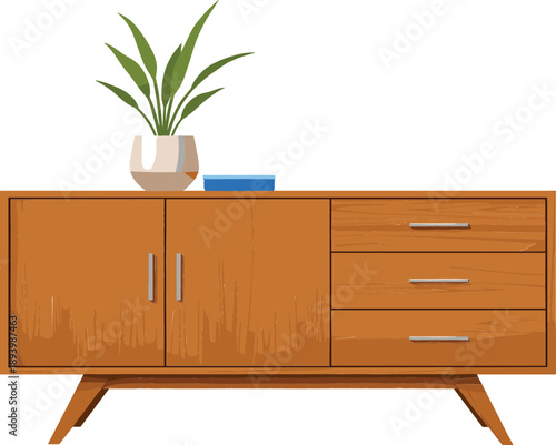 Mid-century modern wooden sideboard cabinet vector illustration with three drawers and two doors featuring a small potted plant and book on top for home interior decor.