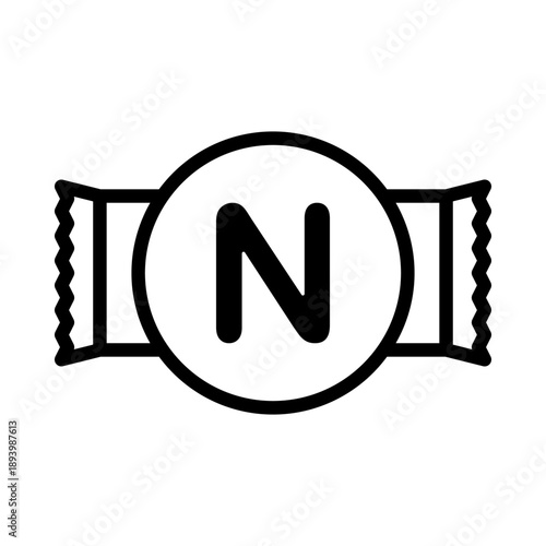 Nicotine pouch symbol icon. Minimalist line art of a snus portion bag with N letter for nicotine content.