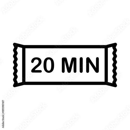 20 minutes nicotine icon. Minimalist line art of a snus pouch with time duration symbol.