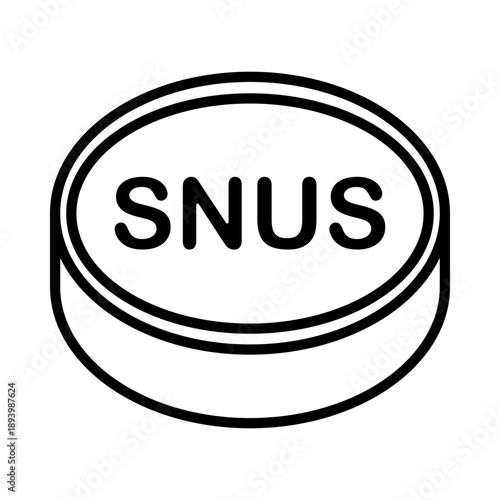 Snus can icon. Minimalist line art of a round nicotine pouch container with SNUS text symbol.