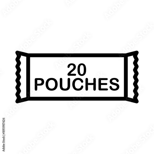 20 pouches nicotine icon. Minimalist line art of a snus bag with quantity text symbol.
