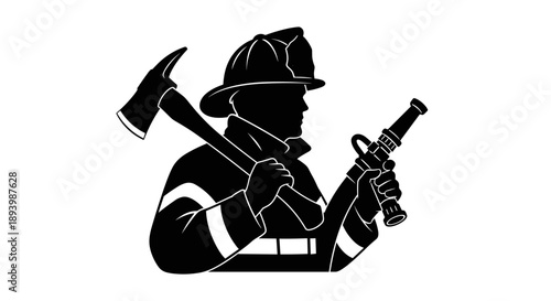 Firefighter Silhouette Holding Equipment in Uniform