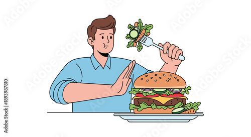 Man refusing unhealthy fast food hamburger for better diet