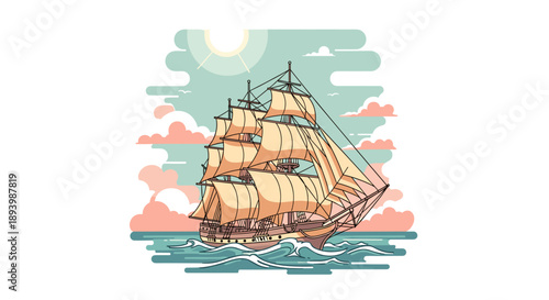 Majestic old sailing ship on the ocean waves