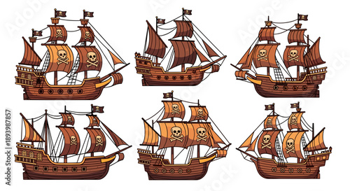 Multiple historical wooden sailing ships collection
