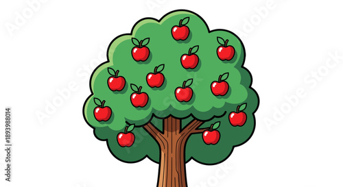 A cartoon apple tree with numerous red apples and green leaves stands against a white backdrop.