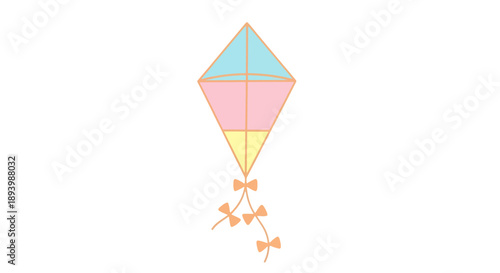 A colorful kite with pink, yellow, and blue sections floats gently with ribbon streamers.