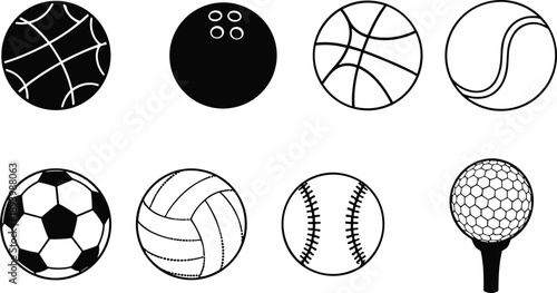 Sports ball icon and silhouette illustration set featuring basketball, bowling, tennis, soccer, volleyball, baseball and golf equipment designs