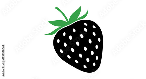 A stylized black strawberry with green leaves and white seeds is depicted against a.