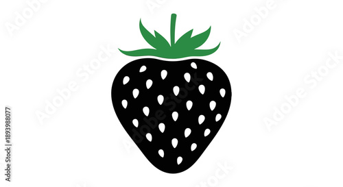 A stylized black strawberry with green leaves and white seeds is depicted against a white backdrop.
