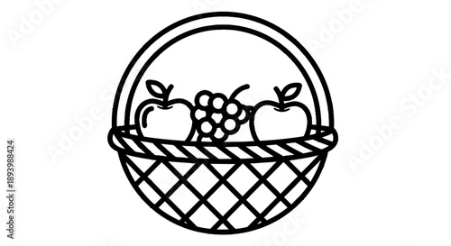 A simple line art icon depicts a woven basket filled with apples and grapes.