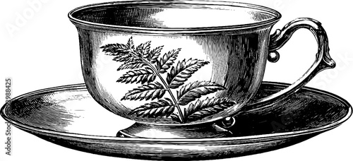 Vintage botanical tea cup and saucer engraving from the 19th century