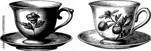 Antique botanical engraving of 19th century cups and saucers for vintage design