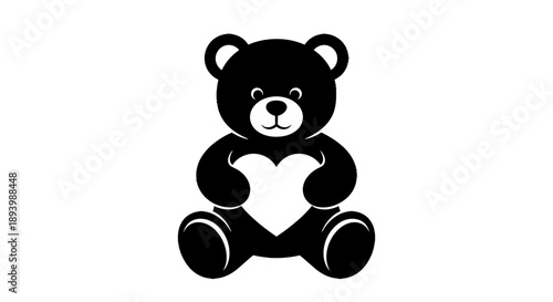 A black silhouette of a teddy bear holding a white heart in its paws.