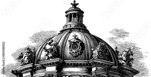 Vintage architectural cupola study with botanical engravings for artistic design