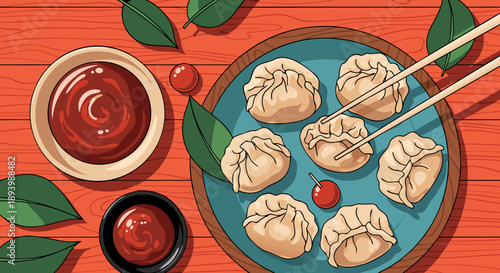 Vibrant vector illustration showcasing freshly prepared Asian dumplings with chili dipping sauce, perfect for culinary-themed designs and web content
