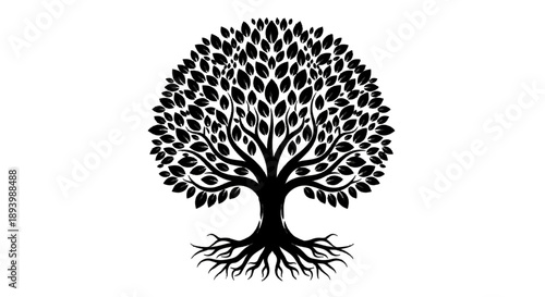 Stylized black tree silhouette with extensive roots and dense foliage against a white backdrop.