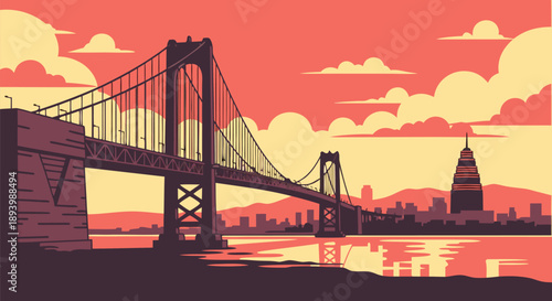 Retro urban cityscape at sunset with a majestic suspension bridge over water, a stylized vector illustration capturing architectural beauty and a peaceful evening mood