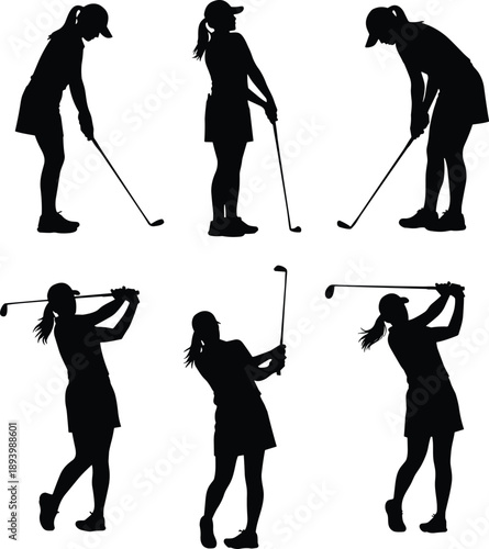Female golfer swing sequence silhouettes showing golf putting and full swing motion isolated on white background vector illustration set collection
