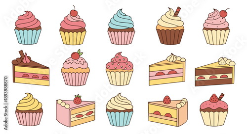 Collection of different cupcakes and cake slices
