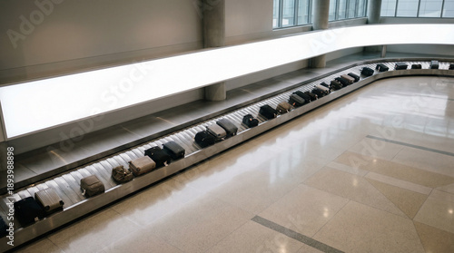 Blank Billboard Mockup at a Modern Airport Baggage Claim Area, with Many Suitcases Moving on a Conveyor Belt