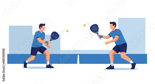 Two Men Playing Padel on Blue Indoor Court