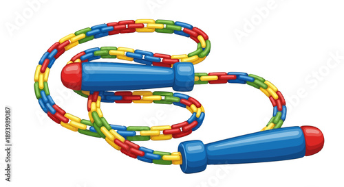 Colorful jump rope with blue handles coiled on a white surface for exercise or play.