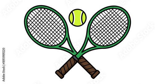 Two crossed tennis rackets with ball emblem