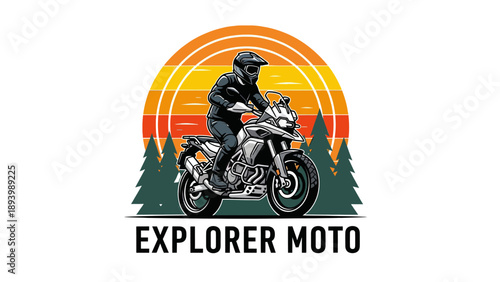 An illustrative logo featuring a motorcyclist on an adventure bike with a vibrant sunset and pine trees, text 'EXPLORER MOTO'.
