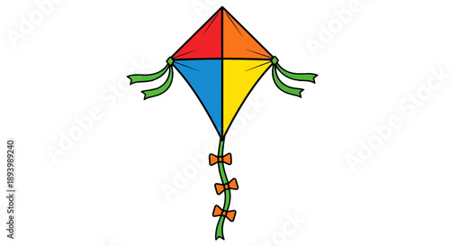 A colorful diamond kite with green streamers and orange bows flies high in the sky.