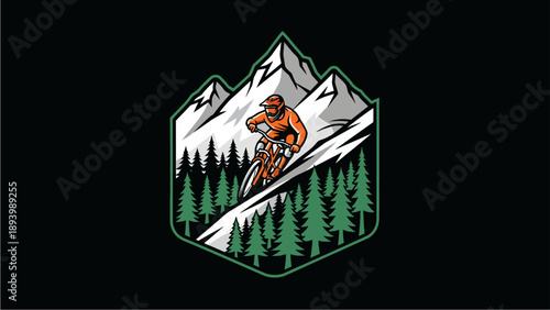 Stylized illustration of a mountain biker descending a snowy peak surrounded by pine trees, designed as an outdoor adventure emblem.