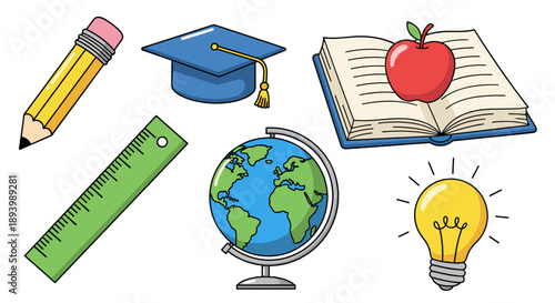 Educational icons set with globe book and lightbulb