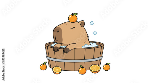 Peaceful capybara relaxing in a wooden bathtub filled with bubbles and oranges on a pure white background illustration.