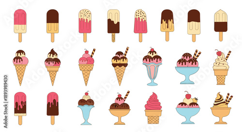 Set of twenty four colorful ice cream icons including popsicles and sundaes in cones and bowls with many toppings.