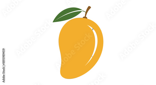 A ripe yellow mango with a green leaf and stem is depicted against a white backdrop.