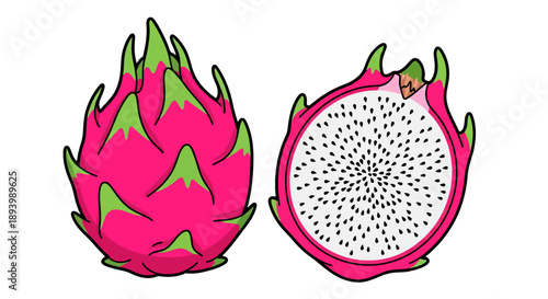 A whole dragon fruit and a halved dragon fruit showing its white flesh with black seeds.