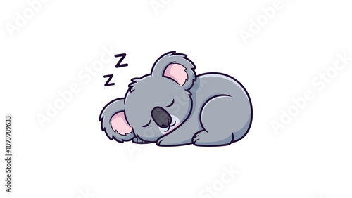 Small grey koala bear sleeping soundly curled up on its side with zzz symbols floating above on a white background.