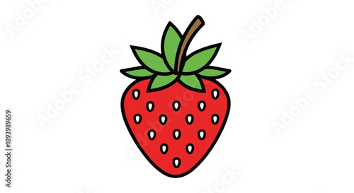 A simple red strawberry with green leaves and a brown stem is depicted against a white backdrop.