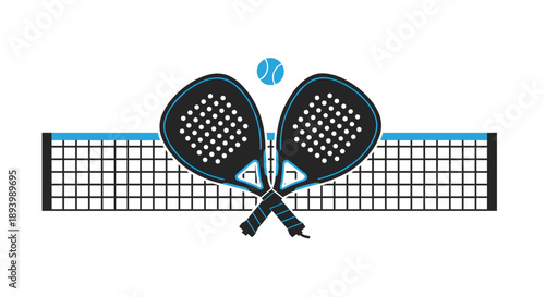 Two crossed padel rackets with a ball and net