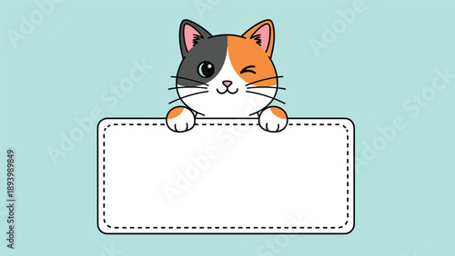 Cute calico cat character winking and smiling while peeking over a blank white sign on a light blue background.
