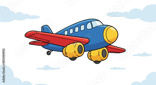 A cartoon airplane with red wings and yellow engines flies through the sky with clouds.