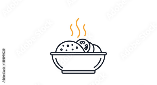 Minimalist line art icon of a hot steaming bowl of rice garnished with fresh tomato slices for tasty food concepts.
