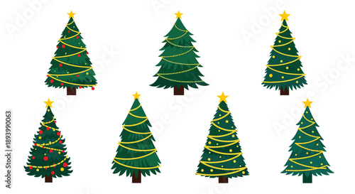 Collection of seven decorated green Christmas trees with yellow stars and colorful ornaments for holiday design.