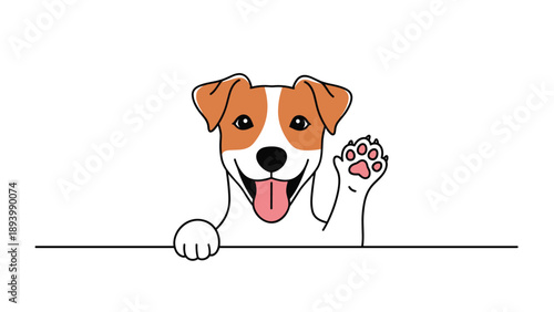 Cute friendly cartoon jack russell terrier dog waving and peeking from behind a border on a clean white background.