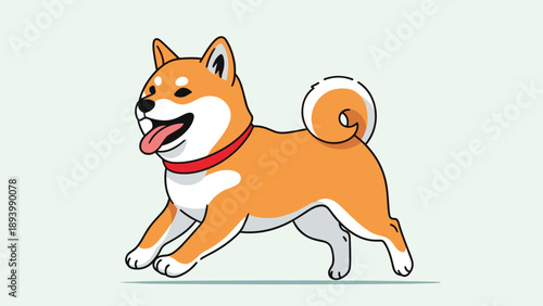 Happy playful cartoon shiba inu dog running across a light green background with a red collar and a curly tail.