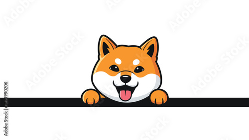 Cute orange and white shiba inu dog peeking from behind a thick black horizontal border on a clean white background.