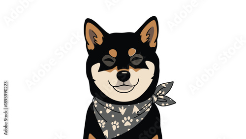 Happy black and tan shiba inu dog wearing a patterned bandana and smiling with closed eyes on white background.