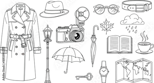 Hand Drawn Vintage Lifestyle and Travel Line Icons Set, Minimal Doodle Illustration